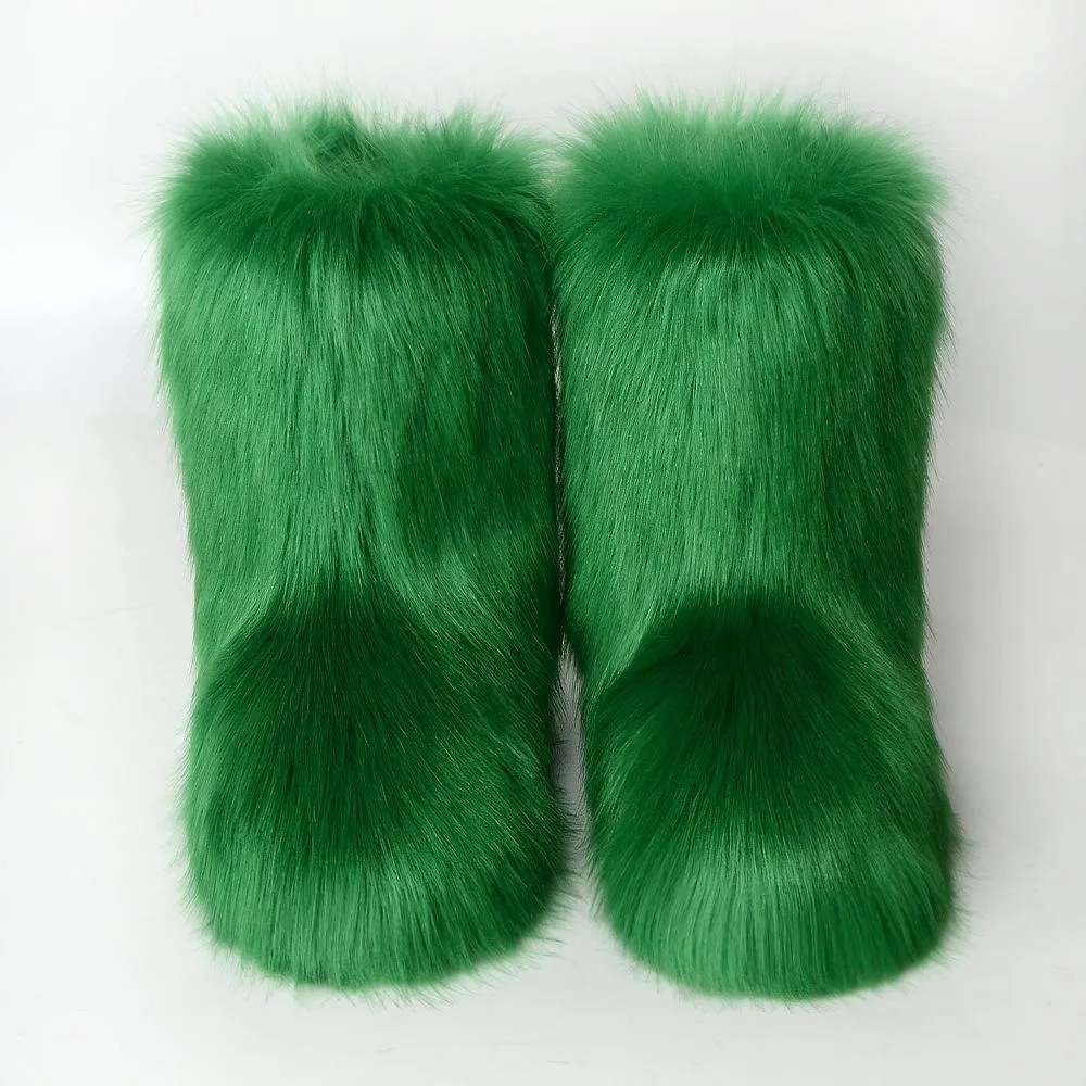 Women faux fur winter mid calf flat snow boots