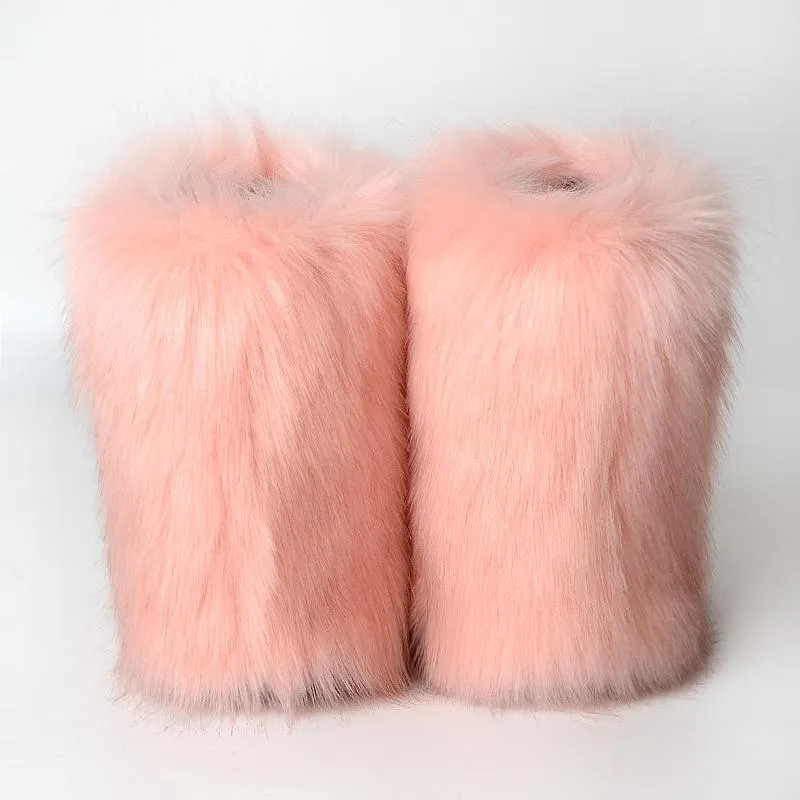 Women faux fur winter mid calf flat snow boots