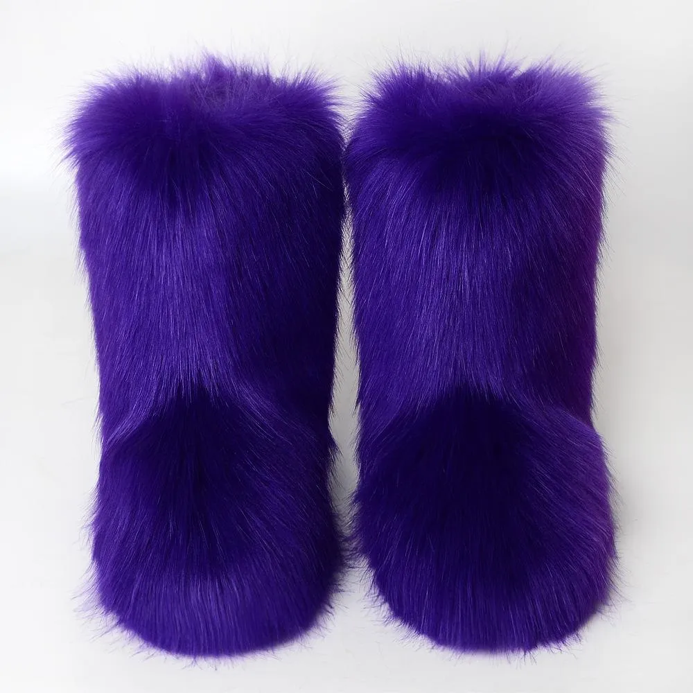 Women faux fur winter mid calf flat snow boots