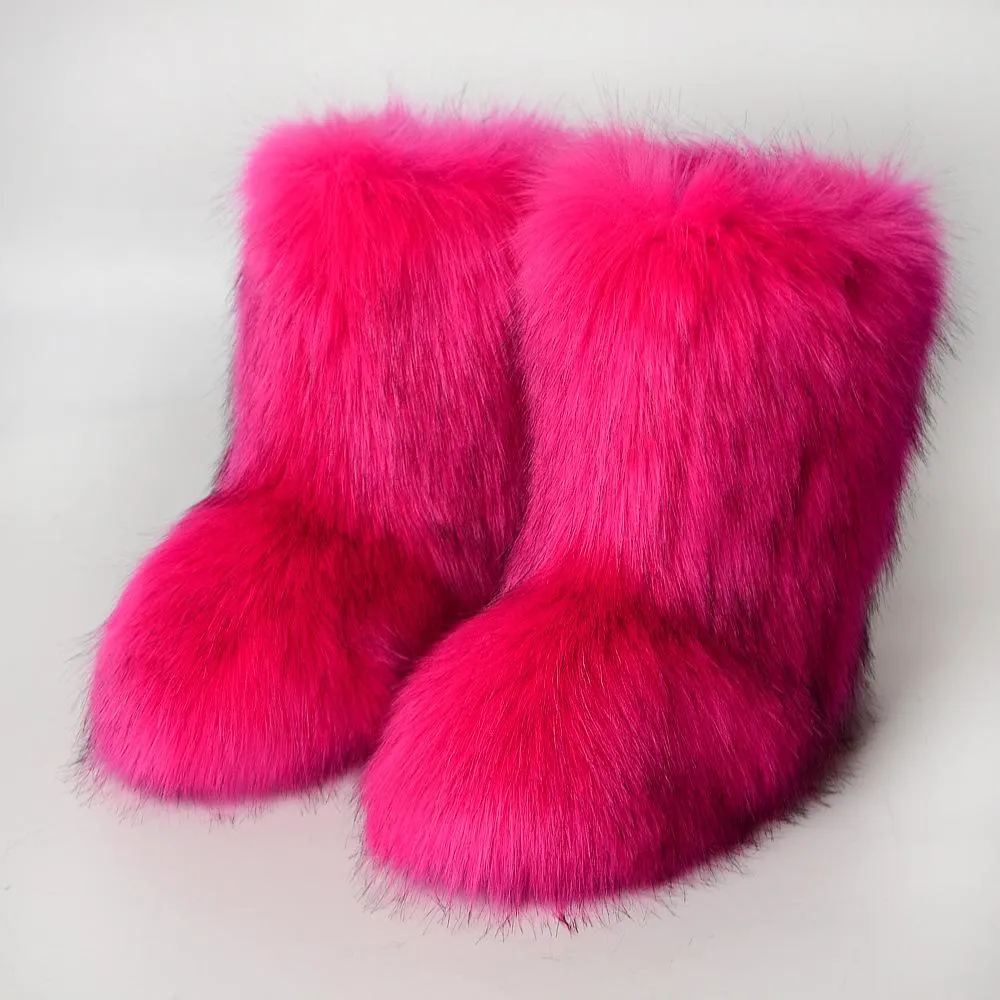 Women faux fur winter mid calf flat snow boots