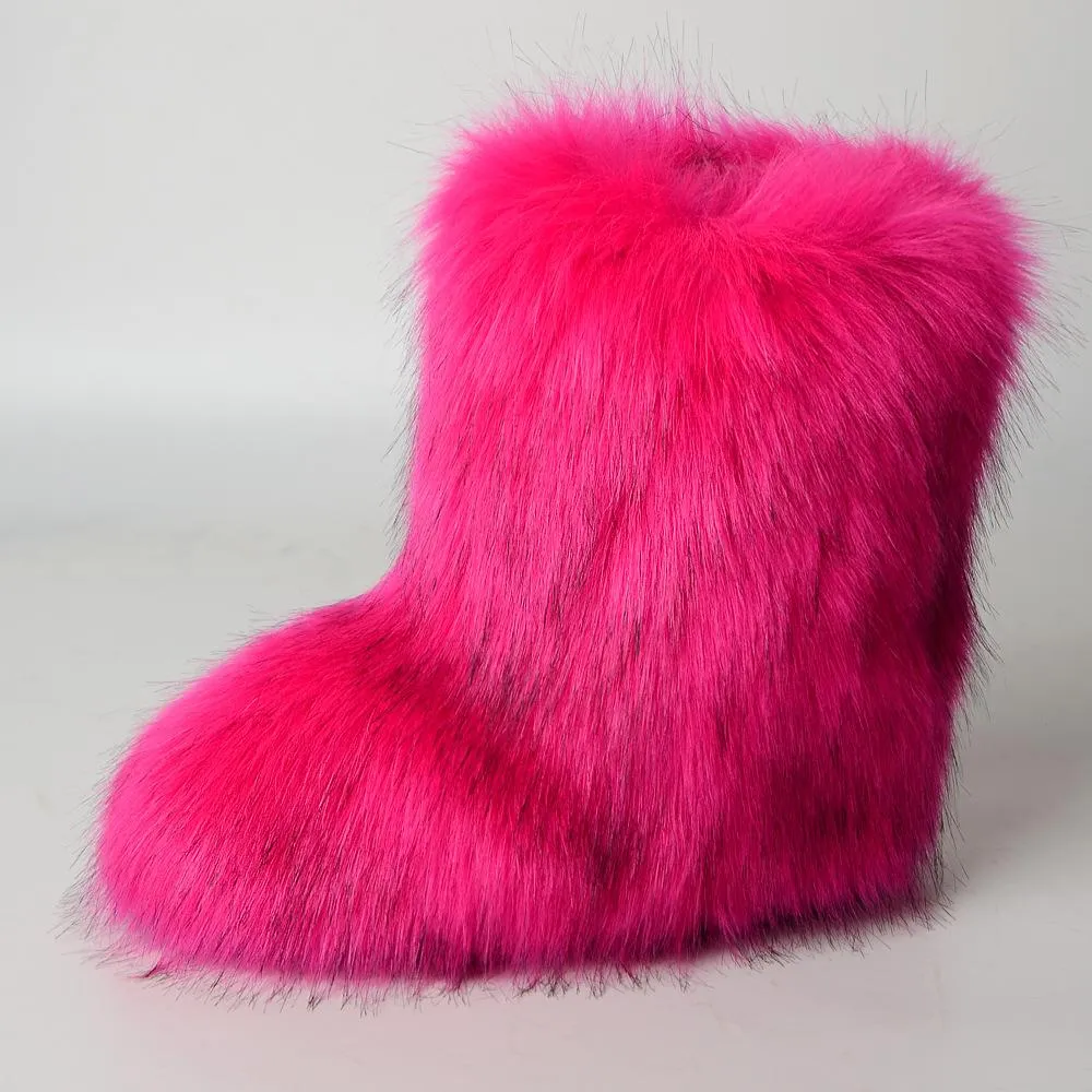 Women faux fur winter mid calf flat snow boots