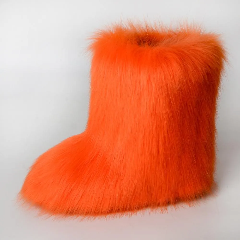 Women faux fur winter mid calf flat snow boots