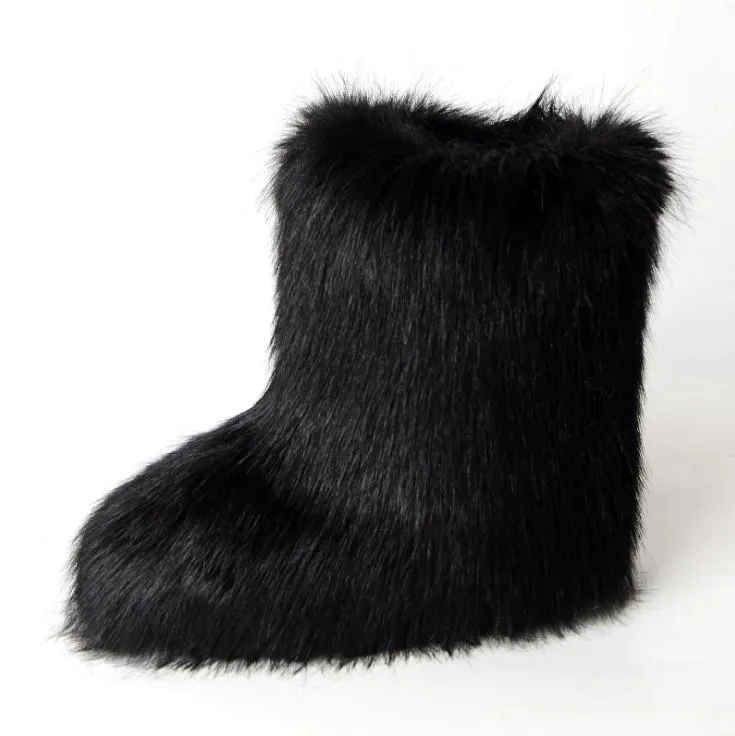 Women faux fur winter mid calf flat snow boots