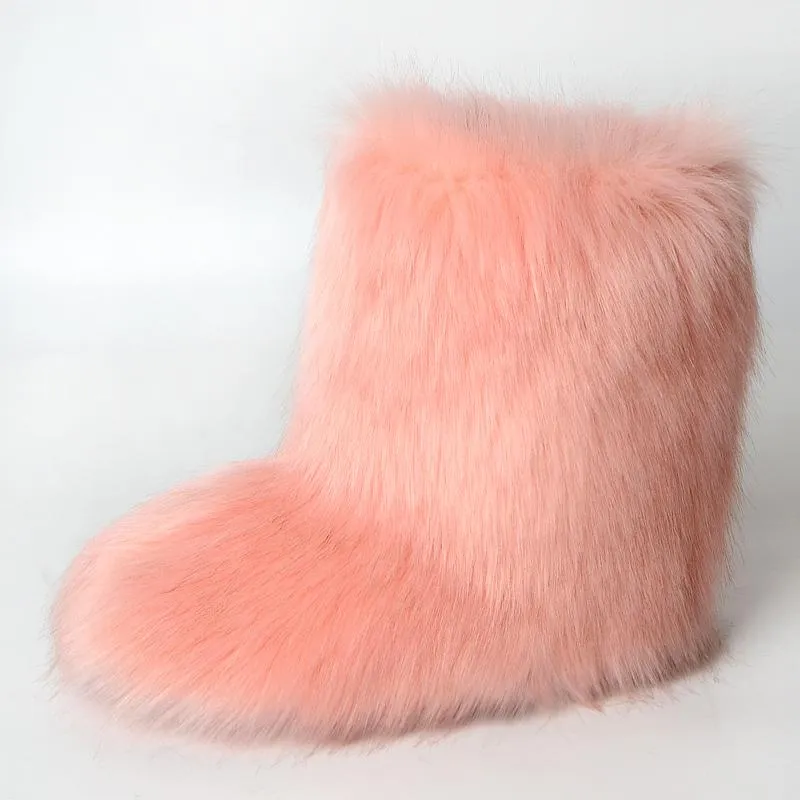 Women faux fur winter mid calf flat snow boots