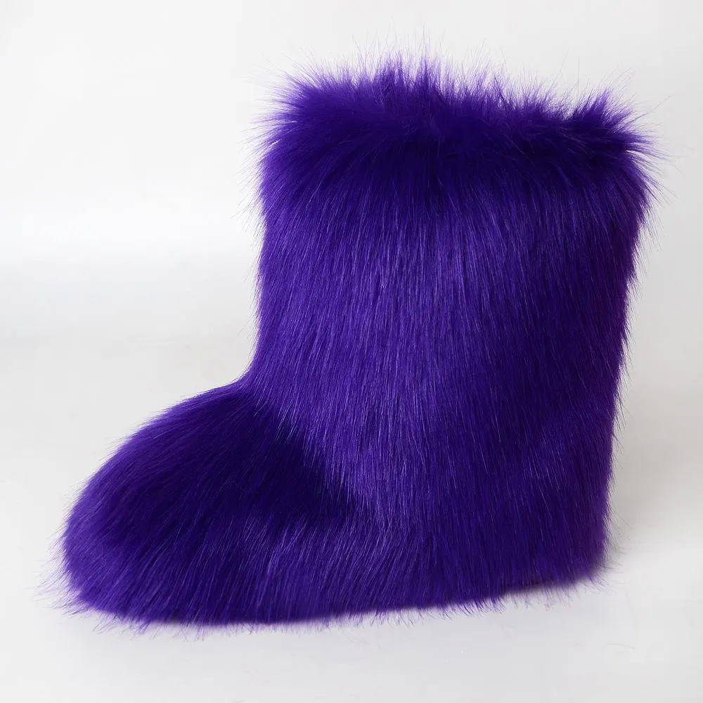 Women faux fur winter mid calf flat snow boots