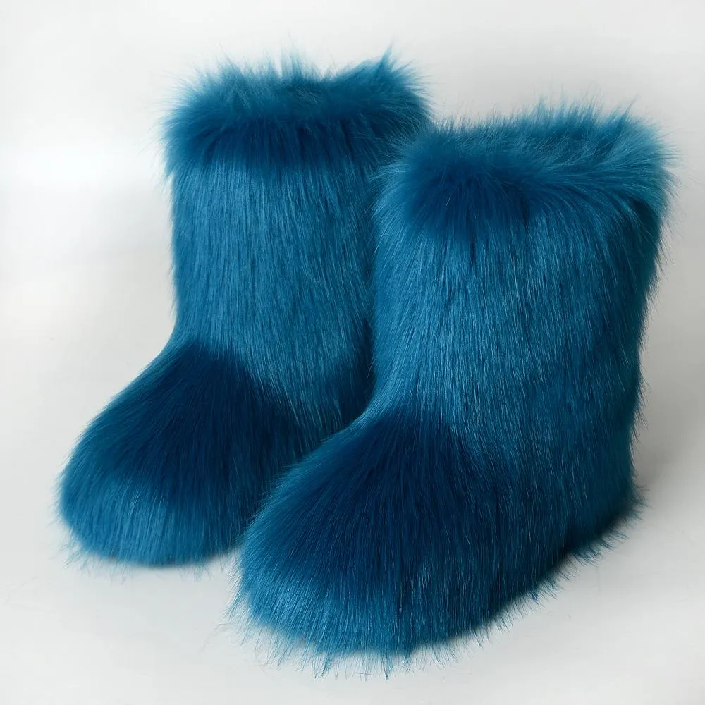 Women faux fur winter mid calf flat snow boots