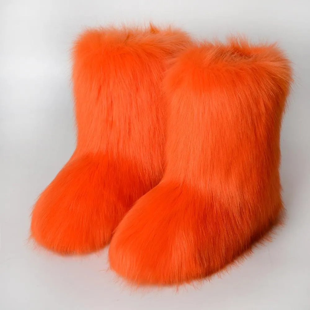 Women faux fur winter mid calf flat snow boots