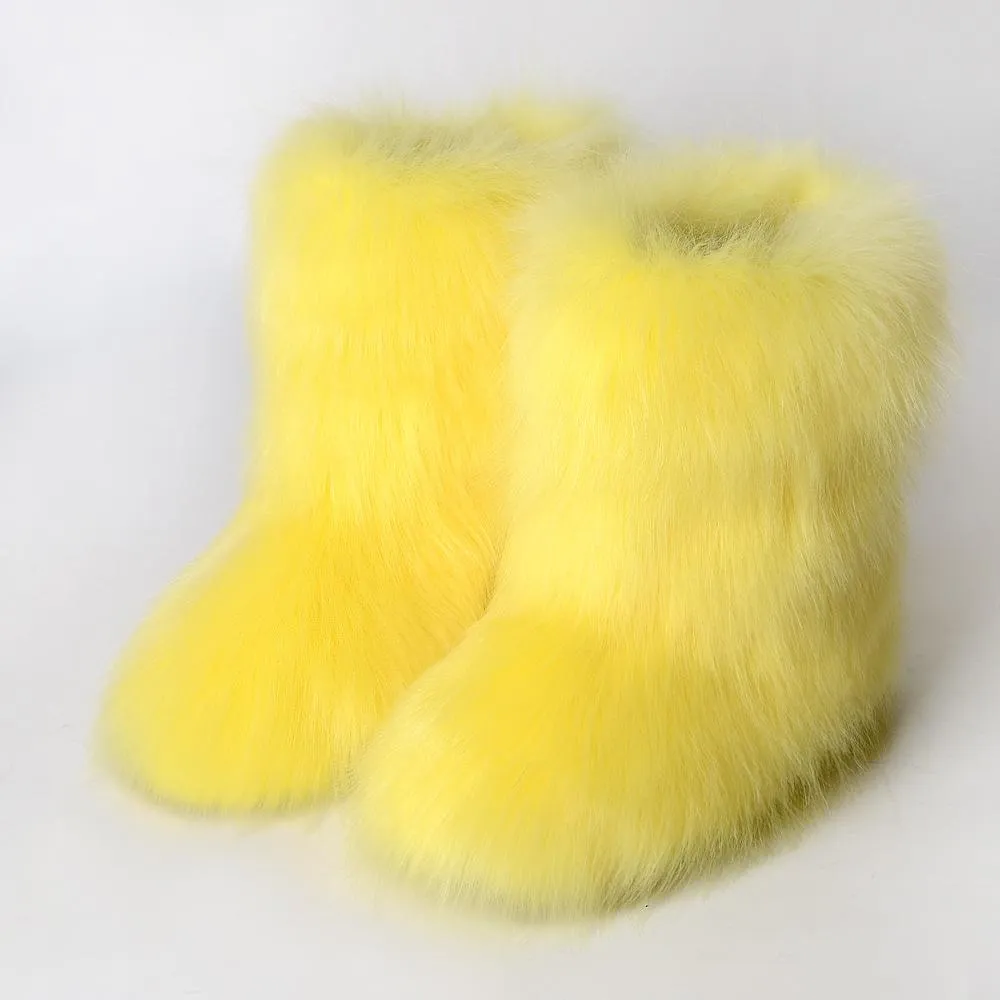 Women faux fur winter mid calf flat snow boots