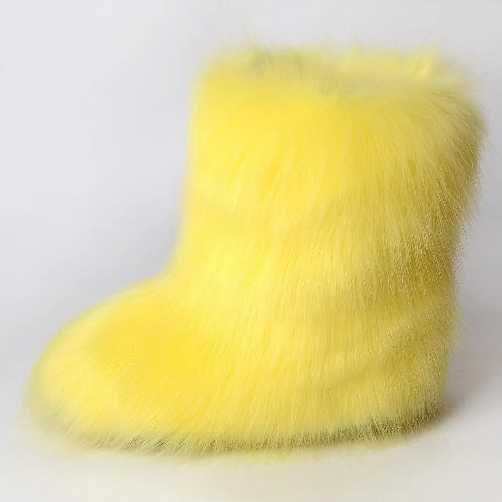 Women faux fur winter mid calf flat snow boots