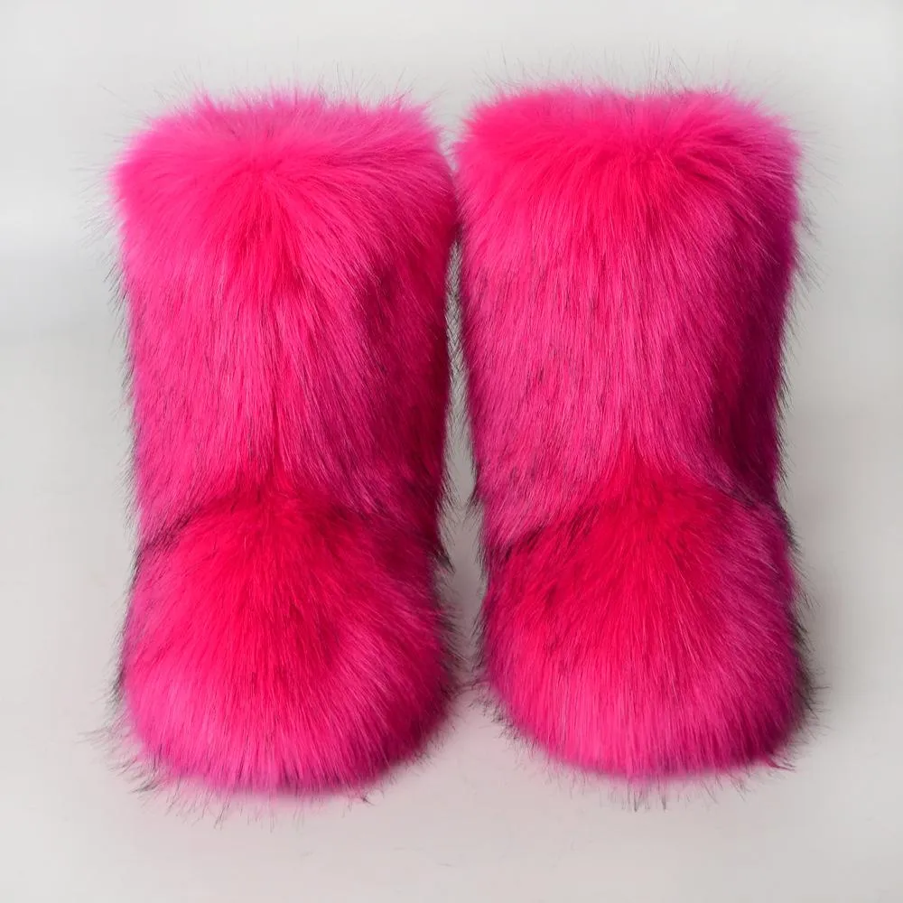 Women faux fur winter mid calf flat snow boots