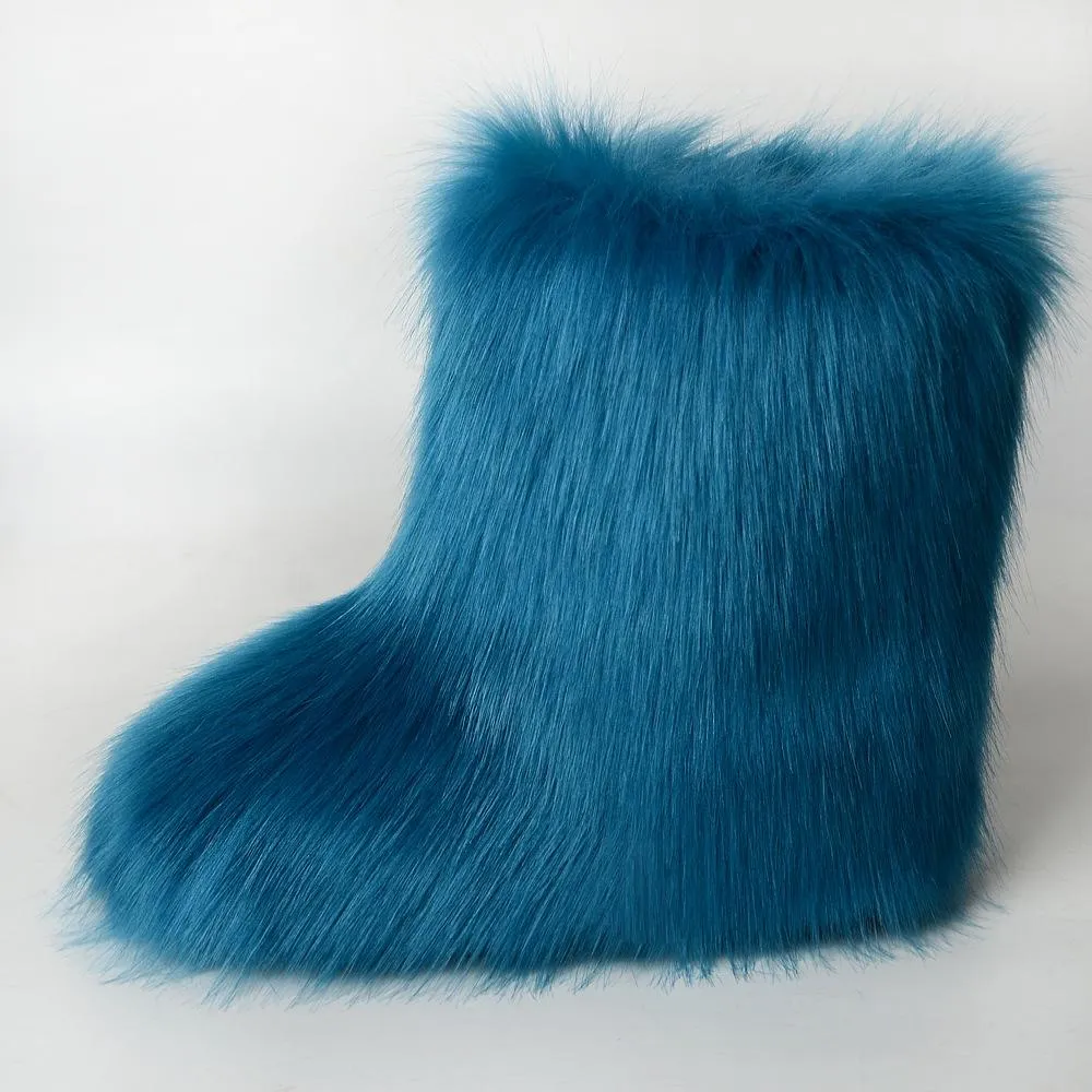 Women faux fur winter mid calf flat snow boots