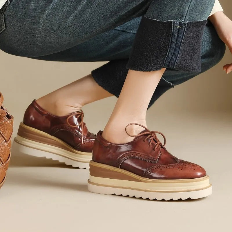 Women Round Toe Lace Up Leather Chunky Brogue Shoes Platform Oxfords in Brown/Red