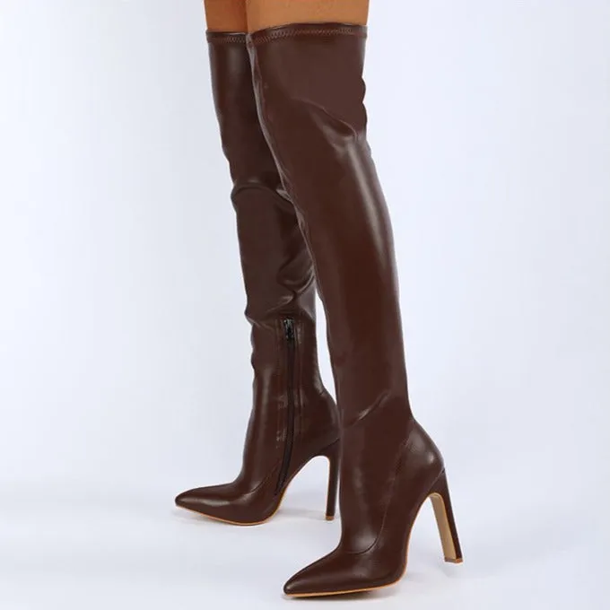 Women winter chunky heel pointed toe side zipper over the knee boots