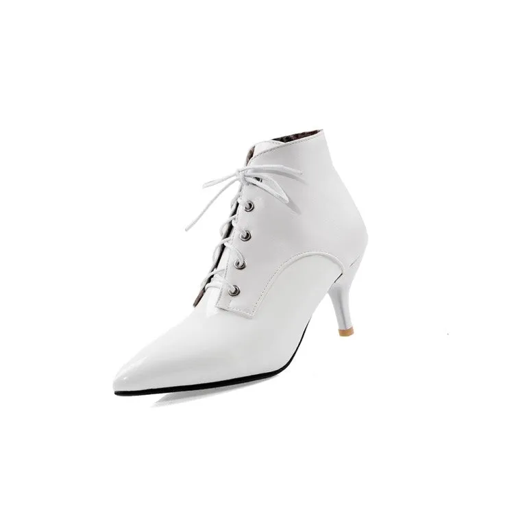 Women's Bicolor Pointed Toe Lace Up Kitten Heel Ankle Boots