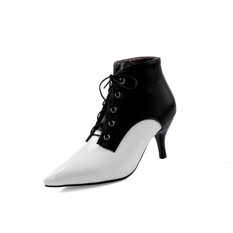 Women's Bicolor Pointed Toe Lace Up Kitten Heel Ankle Boots