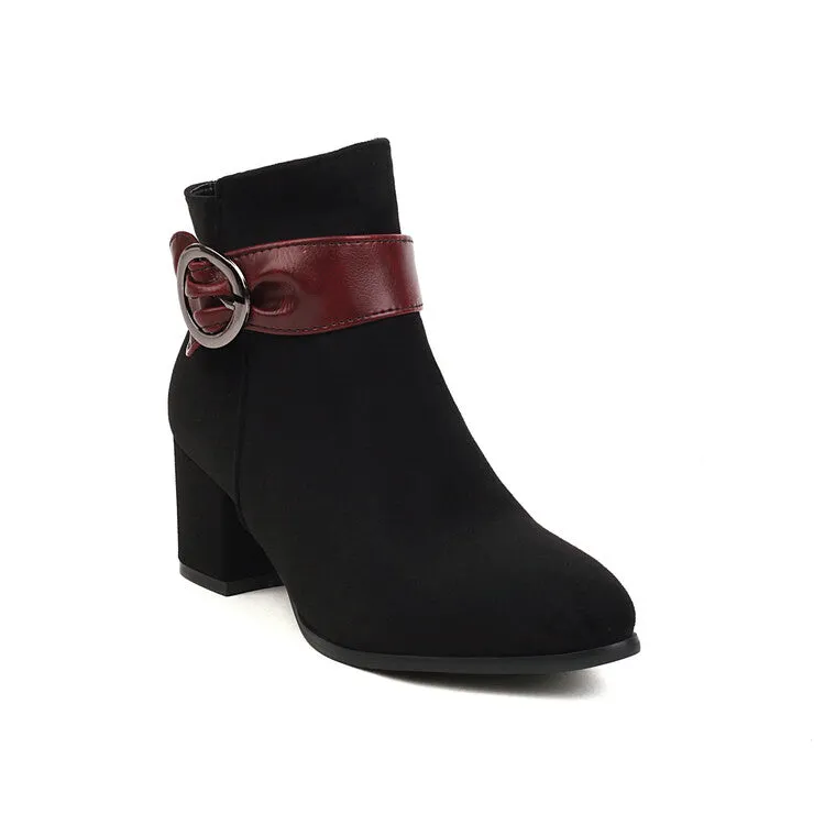 Women's Booties Bicolor Flock Buckle Straps Block Heel Ankle Boots