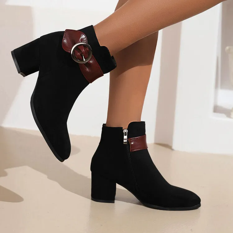 Women's Booties Bicolor Flock Buckle Straps Block Heel Ankle Boots