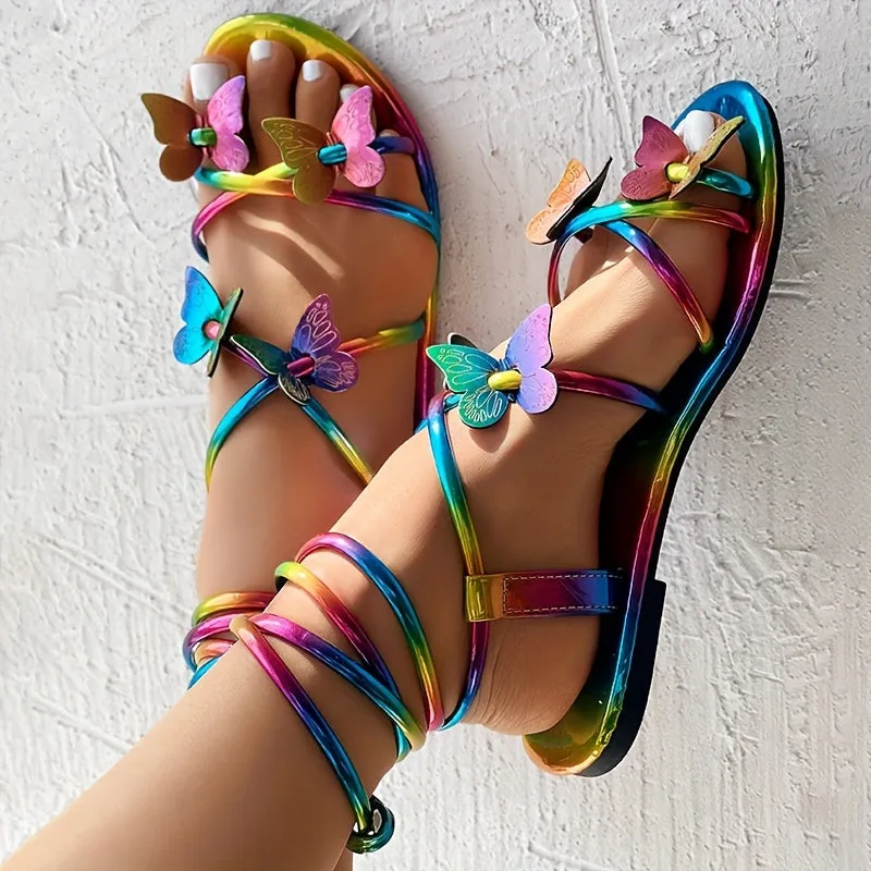 Womens Colorful Butterfly Sandals - Stylish Crisscross Lace Up, Lightweight Comfort - Perfect Beach & Travel Shoes for Summer