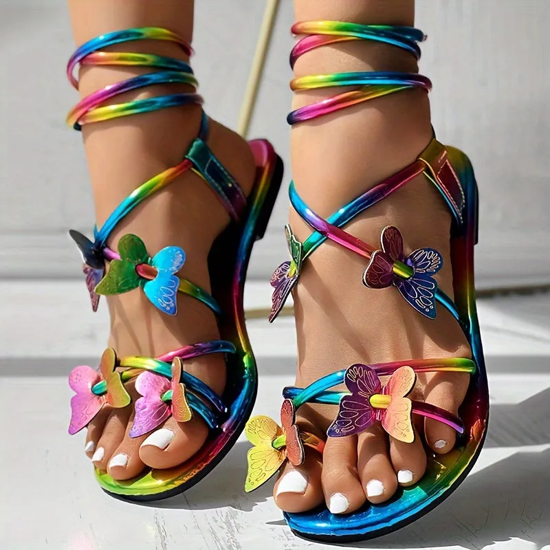 Womens Colorful Butterfly Sandals - Stylish Crisscross Lace Up, Lightweight Comfort - Perfect Beach & Travel Shoes for Summer