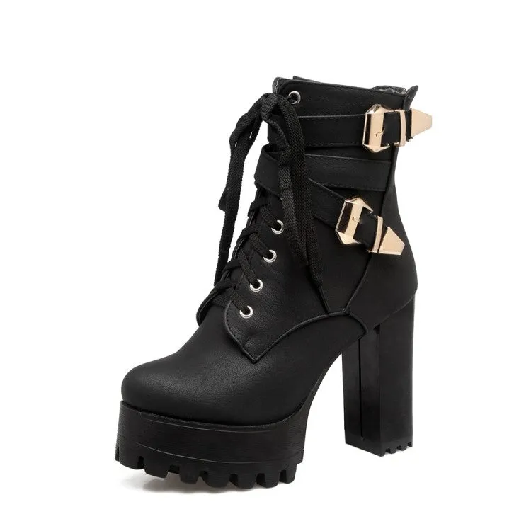 Women's Frosted Pu Leather Round Toe Tied Belts Buckles Block Heel Platform Short Boots