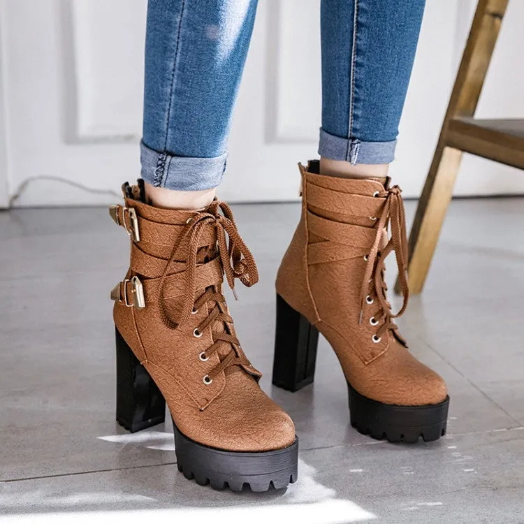 Women's Frosted Pu Leather Round Toe Tied Belts Buckles Block Heel Platform Short Boots