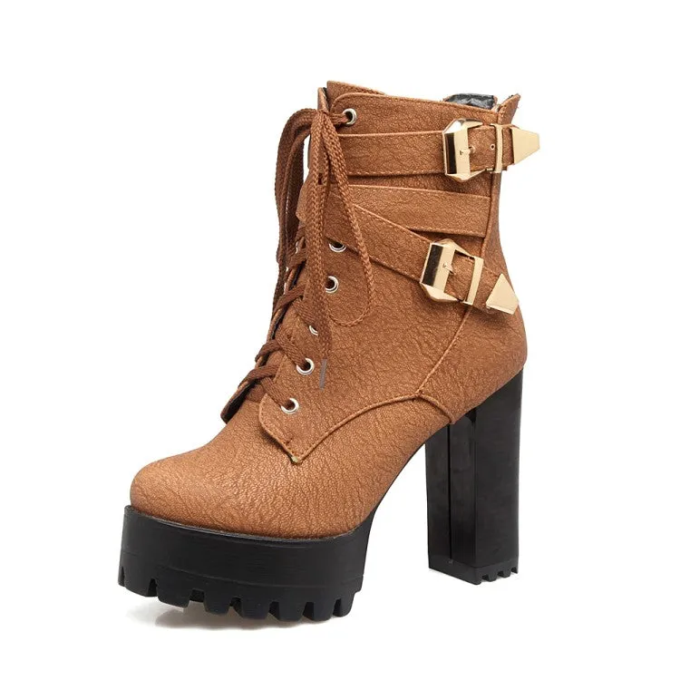 Women's Frosted Pu Leather Round Toe Tied Belts Buckles Block Heel Platform Short Boots