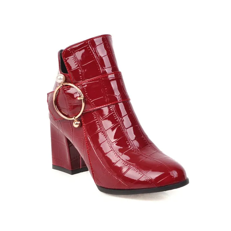 Women's Glossy Crocodile Pattern Belts Buckles Block Heel Short Boots