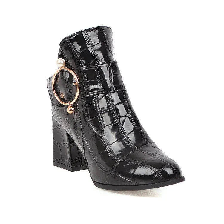 Women's Glossy Crocodile Pattern Belts Buckles Block Heel Short Boots