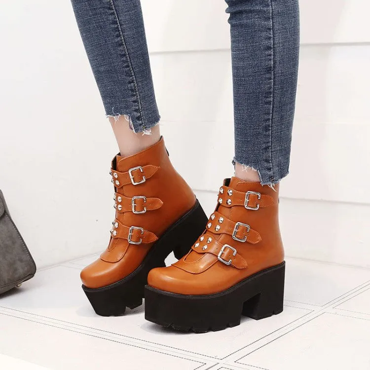 Women's Glossy Round Toe Metal Rivets Buckle Straps Wedge Heel Platform Ankle Boots