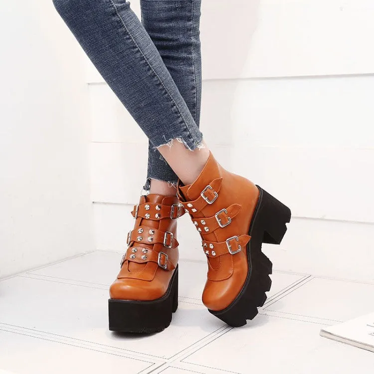 Women's Glossy Round Toe Metal Rivets Buckle Straps Wedge Heel Platform Ankle Boots