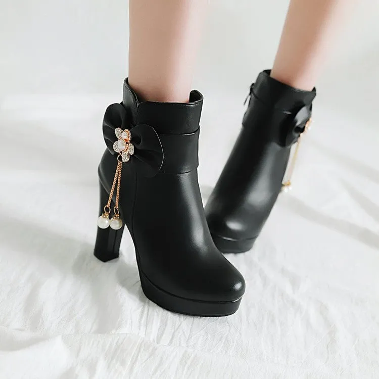 Women's Pu Leather Rhinestone Pearls Bowtie Chunky Heel Platform Ankle Boots