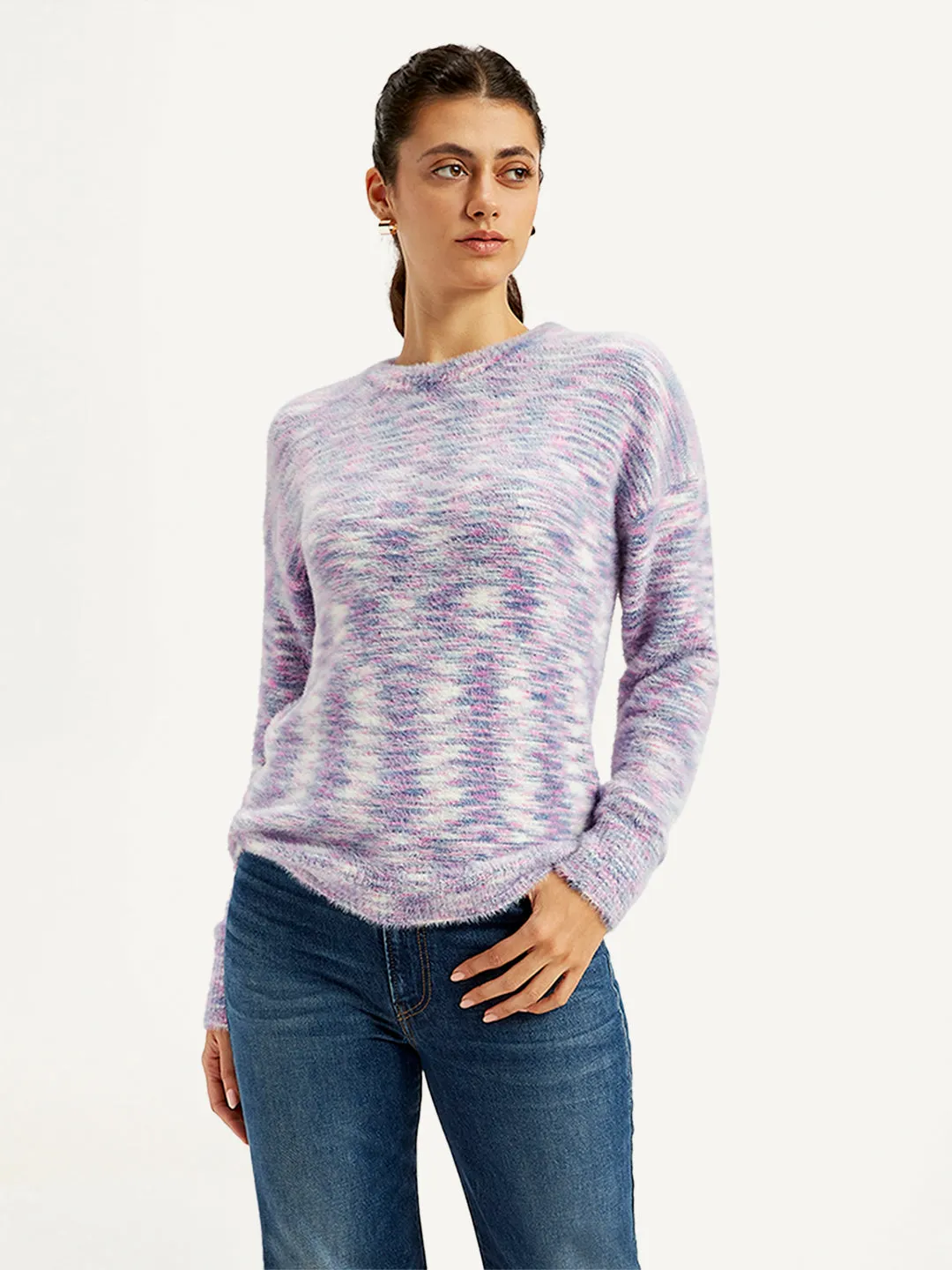 Women's Self Pattern Purple Crew Neck Sweater