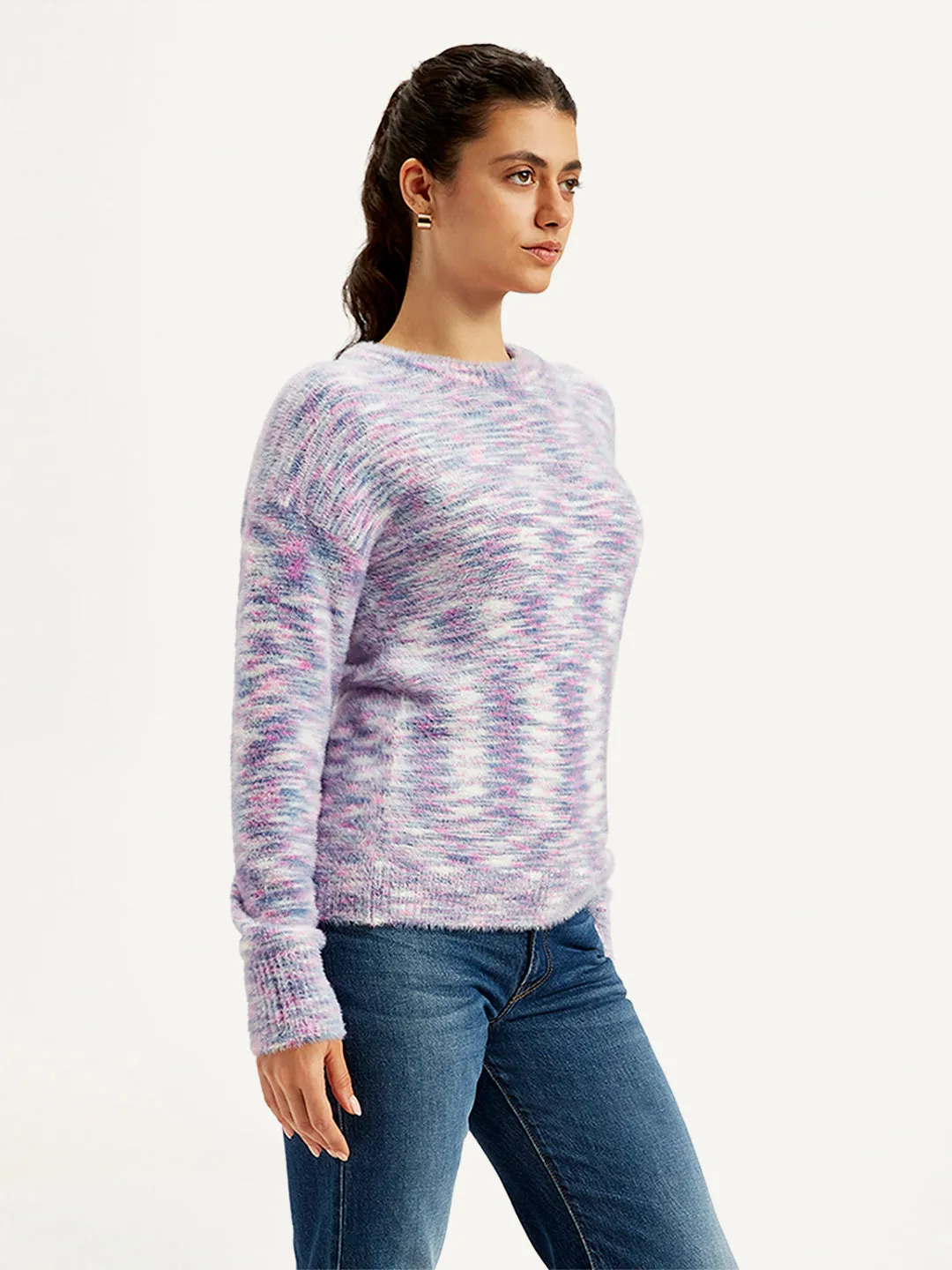 Women's Self Pattern Purple Crew Neck Sweater