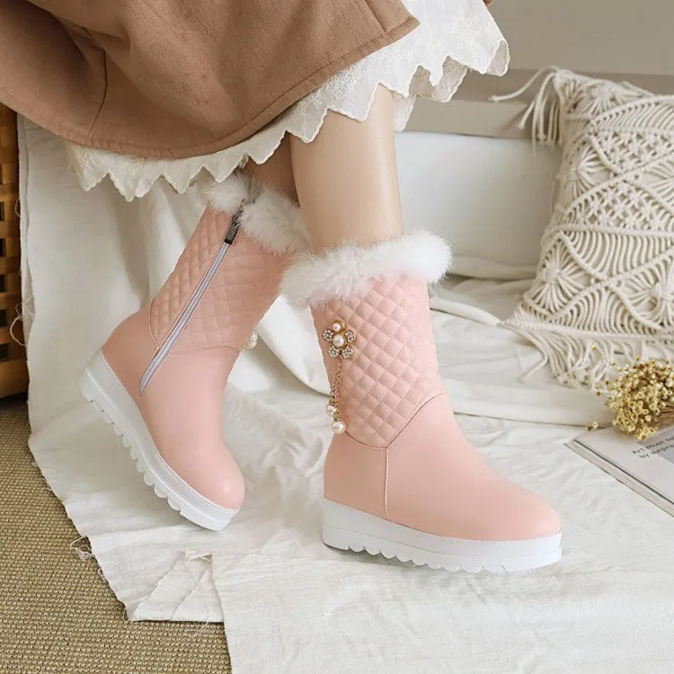 Women's Side Zippers Rhinestone Sunflower Platform Wedge Heel Mid-Calf Snow Boots