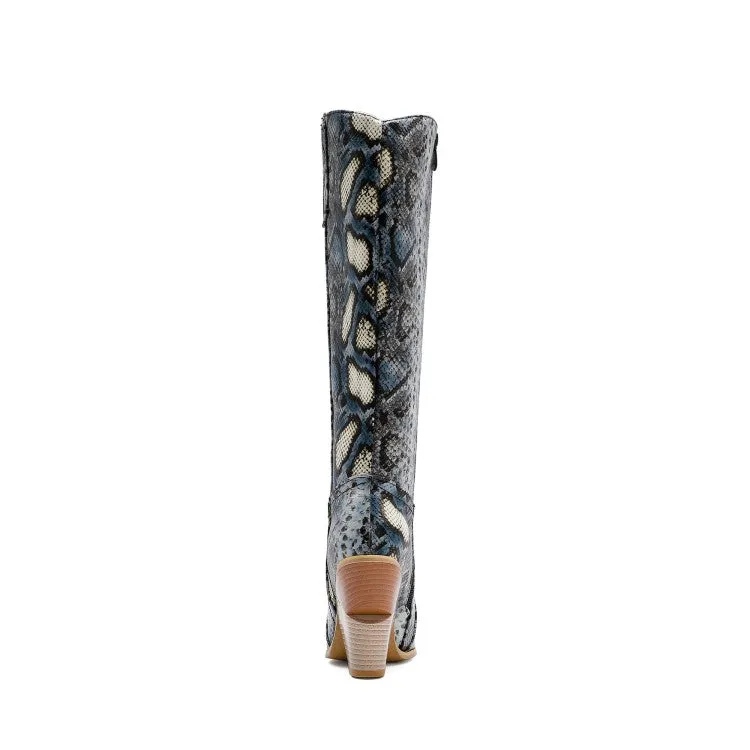 Women's Snake Printed Pointed Toe Side Zippers Chunky Heel Knee High Boots