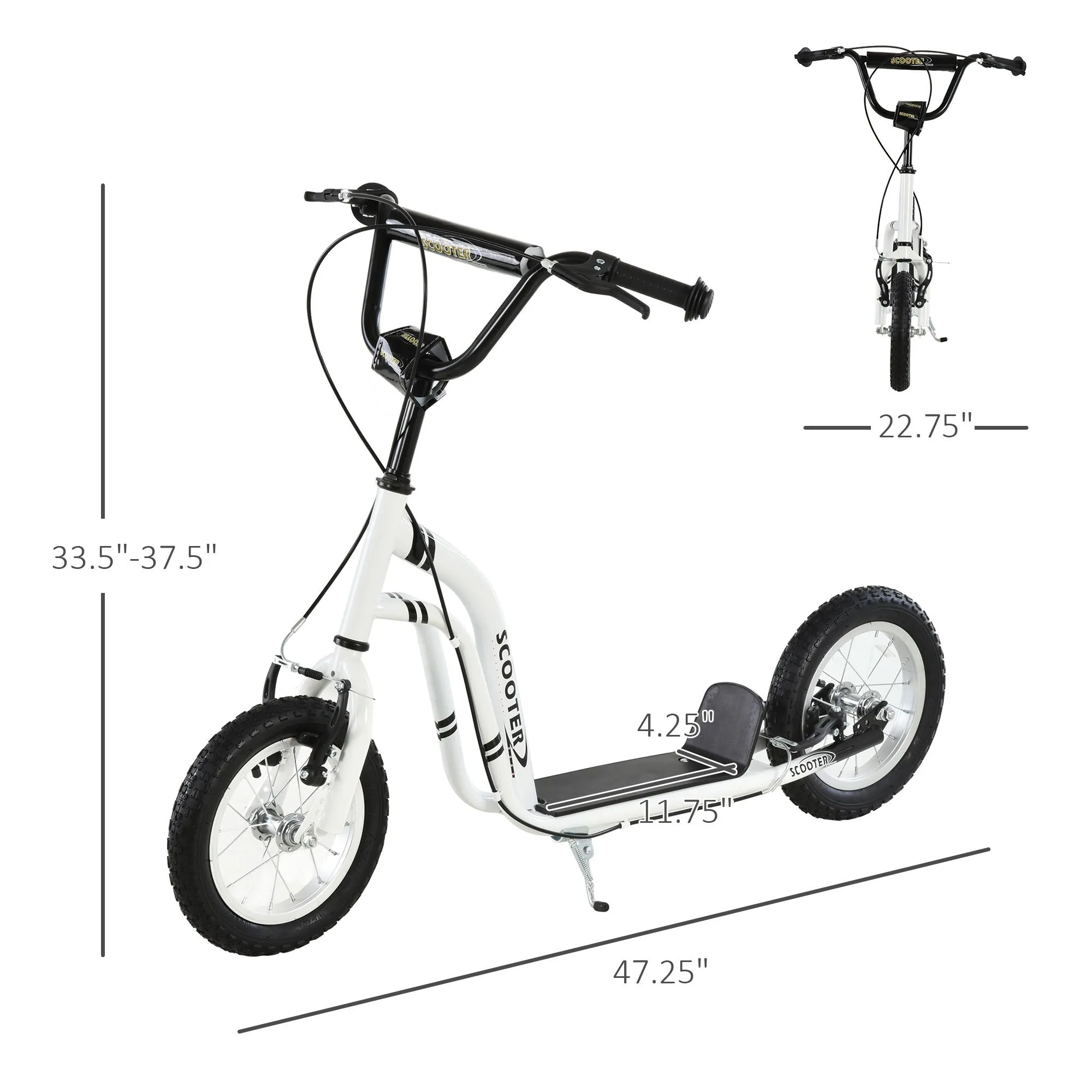 Youth Scooter Front and Rear Caliper Dual Brakes 12-Inch Inflatable Front Wheel Ride On Toy For Age 5 , White